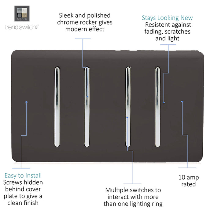 Trendi, Artistic Modern 4 Gang  (3x 2 Way 1x 3 Way Intermediate Twin Plate) Dark Brown Finish, BRITISH MADE, (25mm Back Box Required), 5yrs Warranty • ART-SS2229DB