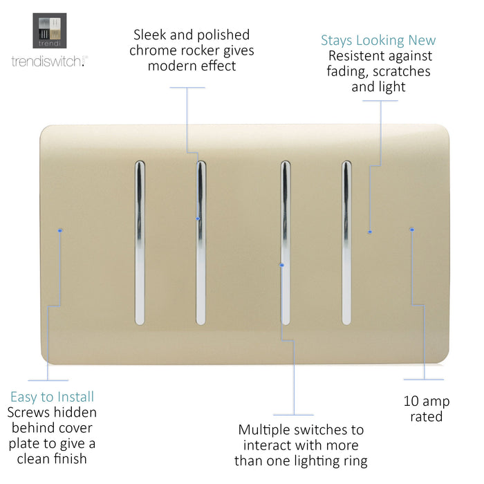 Trendi, Artistic Modern 4 Gang  (1x 2 Way 3x 3 Way Intermediate Twin Plate) Gold Finish, BRITISH MADE, (25mm Back Box Required), 5yrs Warranty • ART-SS2999GO