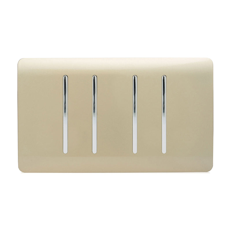 Trendi, Artistic Modern 4 Gang (4xIntermediate) 10 Amp Rocker Champagne Gold Finish, BRITISH MADE, (25mm Back Box Required), 5yrs Warranty • ART-SS9999GO