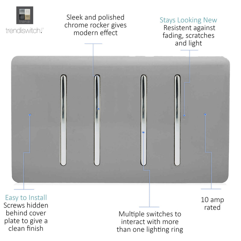Trendi, Artistic Modern 4 Gang 2 Way 10 Amp Rocker Twin Plate Light Grey Finish, BRITISH MADE, (25mm Back Box Required), 5yrs Warranty • ART-SS44LG