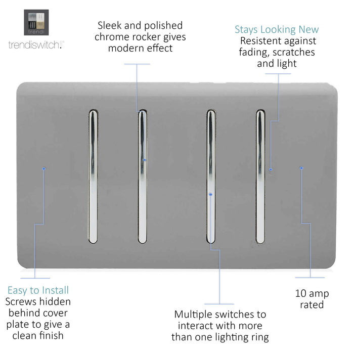 Trendi, Artistic Modern 4 Gang  (1x 2 Way 3x 3 Way Intermediate Twin Plate) Light Grey, BRITISH MADE, (25mm Back Box Required), 5yrs Warranty • ART-SS2999LG