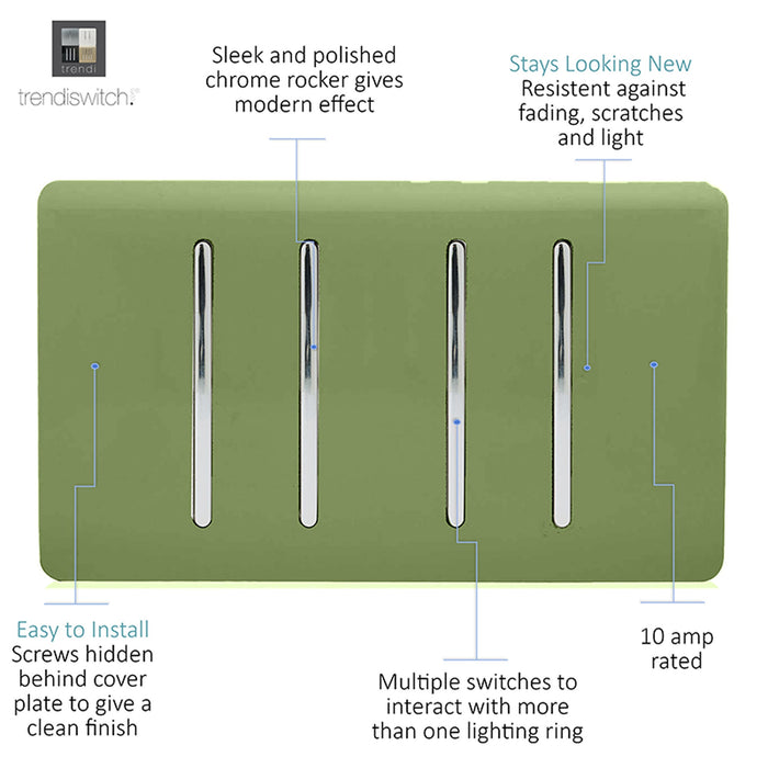 Trendi, Artistic Modern 4 Gang  (3x 2 Way 1x 3 Way Intermediate Twin Plate) Moss Green Finish, BRITISH MADE, (25mm Back Box Required), 5yrs Warranty • ART-SS2229MG