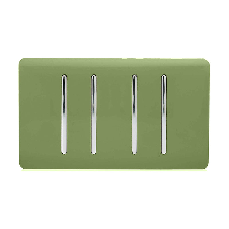Trendi, Artistic Modern 4 Gang 2 Way 10 Amp Rocker Twin Plate Moss Green Finish, BRITISH MADE, (25mm Back Box Required), 5yrs Warranty • ART-SS44MG