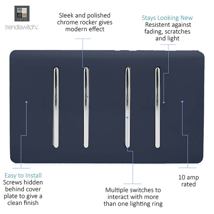 Trendi, Artistic Modern 4 Gang  (3x 2 Way 1x 3 Way Intermediate Twin Plate) Navy Blue Finish, BRITISH MADE, (25mm Back Box Required), 5yrs Warranty • ART-SS2229NV