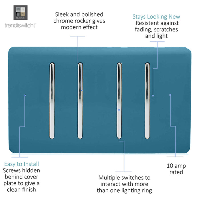 Trendi, Artistic Modern 4 Gang  (3x 2 Way 1x 3 Way Intermediate Twin Plate) Ocean Blue Finish, BRITISH MADE, (25mm Back Box Required), 5yrs Warranty • ART-SS2229OB