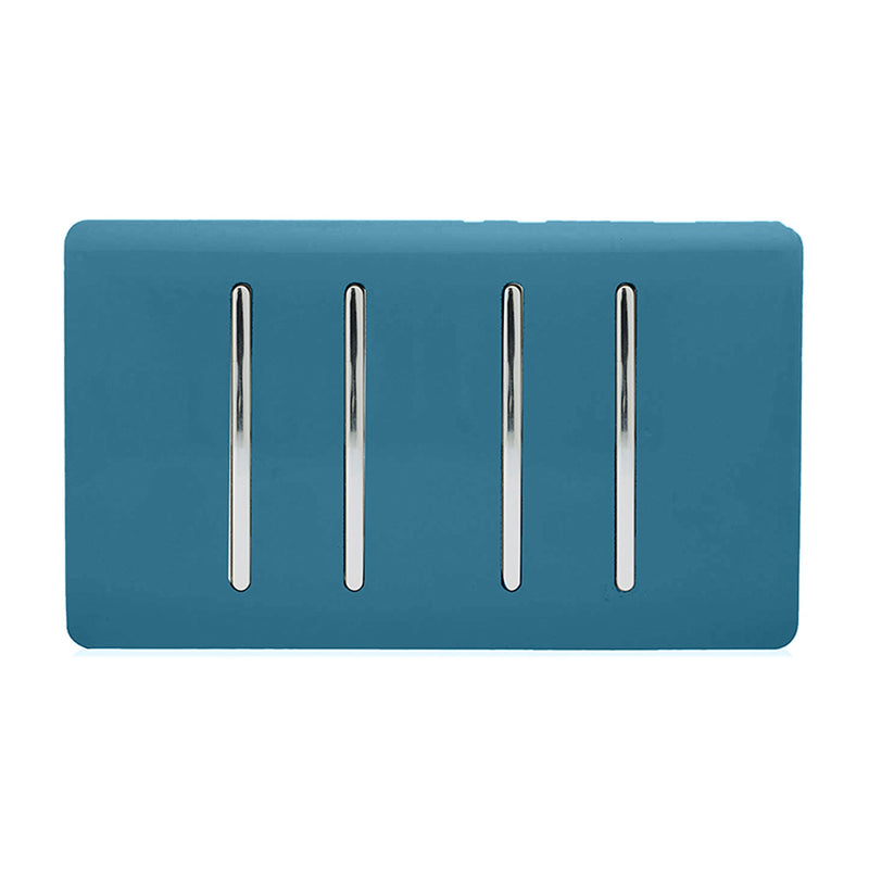 Trendi, Artistic Modern 4 Gang 2 Way 10 Amp Rocker Twin Plate Ocean Blue Finish, BRITISH MADE, (25mm Back Box Required), 5yrs Warranty • ART-SS44OB