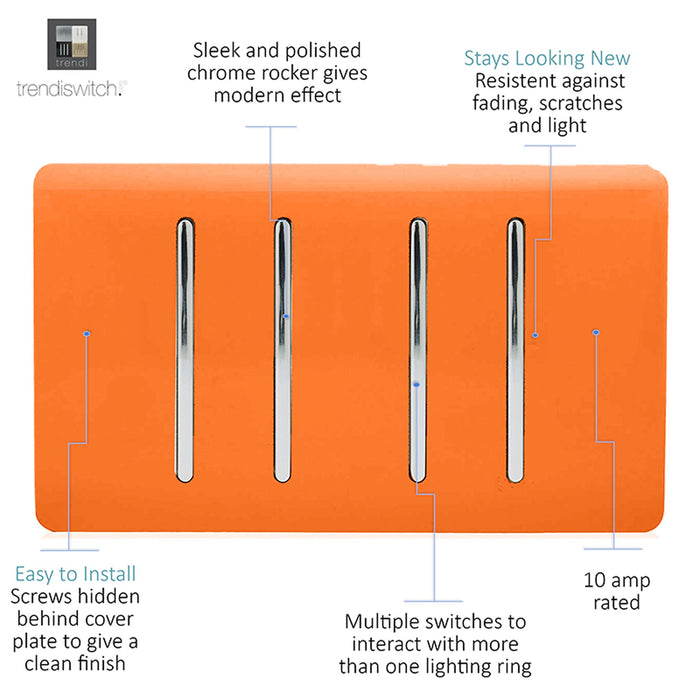 Trendi, Artistic Modern 4 Gang  (3x 2 Way 1x 3 Way Intermediate Twin Plate) Orange Finish, BRITISH MADE, (25mm Back Box Required), 5yrs Warranty • ART-SS2229OR