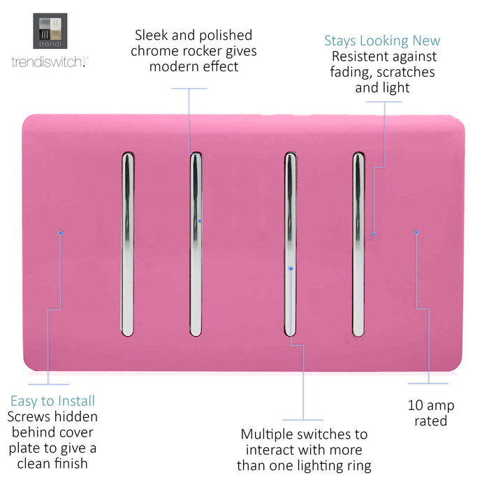 Trendi, Artistic Modern 4 Gang  (3x 2 Way 1x 3 Way Intermediate Twin Plate) Pink Finish, BRITISH MADE, (25mm Back Box Required), 5yrs Warranty • ART-SS2229PK