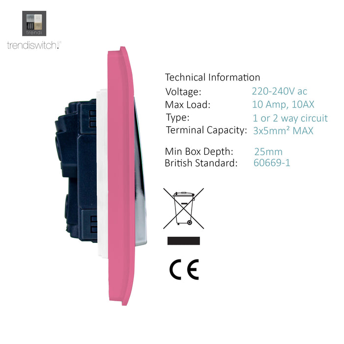 Trendi, Artistic Modern 4 Gang 2 Way 10 Amp Rocker Twin Plate Pink Finish, BRITISH MADE, (25mm Back Box Required), 5yrs Warranty • ART-SS44PK