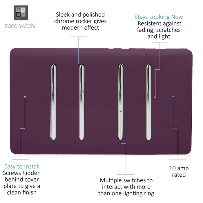 Trendi, Artistic Modern 4 Gang  (1x 2 Way 3x 3 Way Intermediate Twin Plate) Plum, BRITISH MADE, (25mm Back Box Required), 5yrs Warranty • ART-SS2999PL