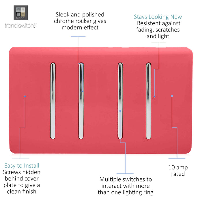 Trendi, Artistic Modern 4 Gang  (1x 2 Way 3x 3 Way Intermediate Twin Plate) Strawberry, BRITISH MADE, (25mm Back Box Required), 5yrs Warranty • ART-SS2999SB