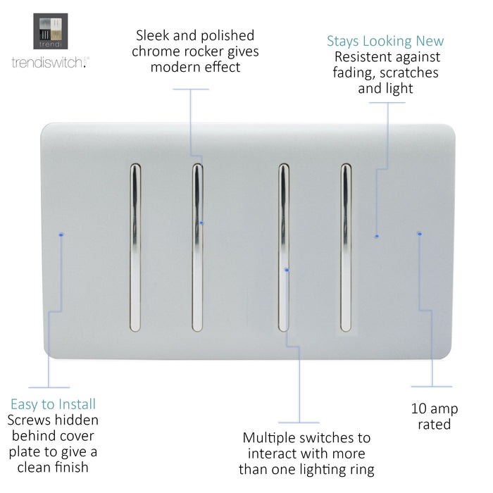 Trendi, Artistic Modern 4 Gang  (3x 2 Way 1x 3 Way Intermediate Twin Plate) Platinum Silver Finish, BRITISH MADE, (25mm Back Box Required) 5yrs Wrnty • ART-SS2229SI