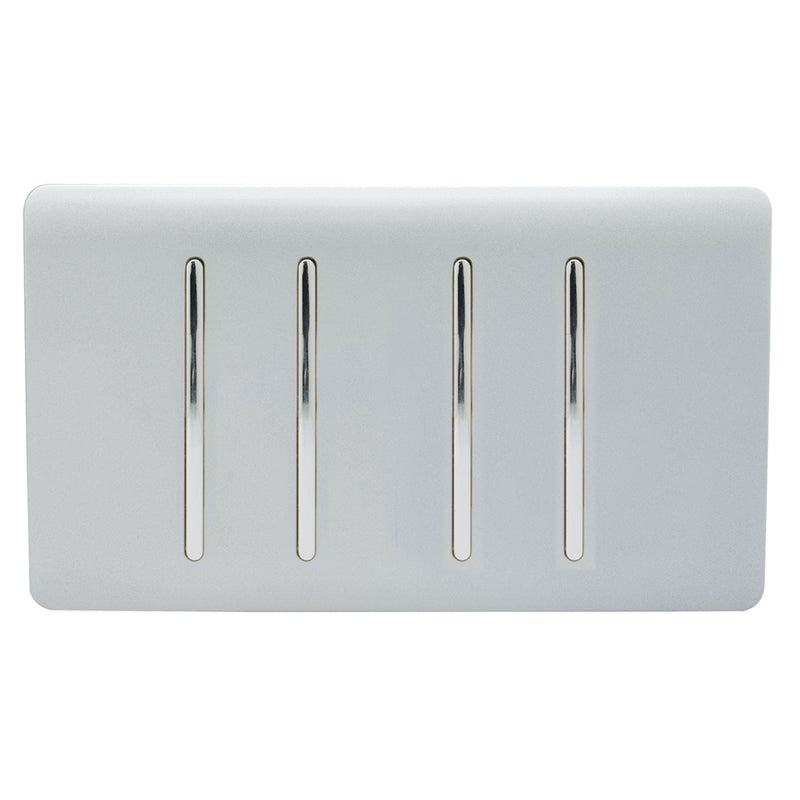 Trendi, Artistic Modern 4 Gang 2 Way 10 Amp Rocker Twin Plate Silver Finish, BRITISH MADE, (25mm Back Box Required), 5yrs Warranty • ART-SS44SI