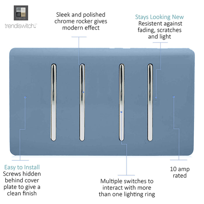 Trendi, Artistic Modern 4 Gang  (3x 2 Way 1x 3 Way Intermediate Twin Plate) Sky Finish, BRITISH MADE, (25mm Back Box Required), 5yrs Warranty • ART-SS2229SK