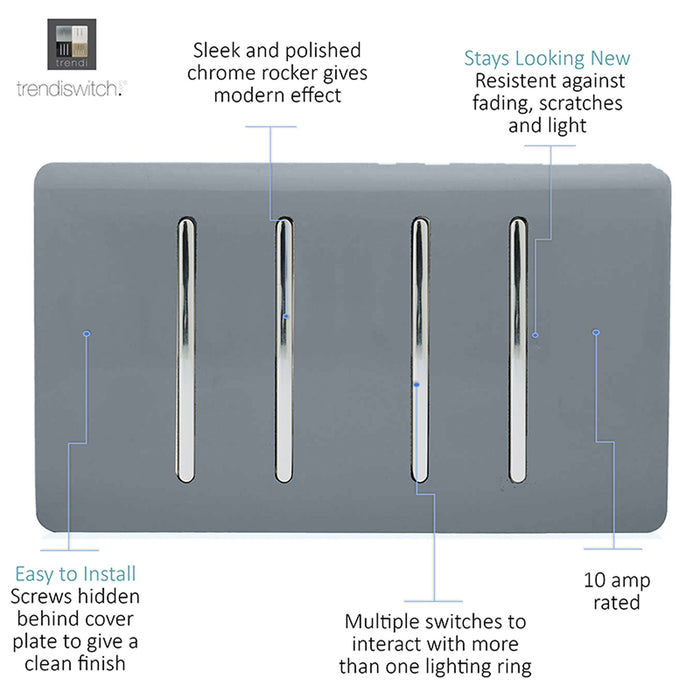 Trendi, Artistic Modern 4 Gang  (1x 2 Way 3x 3 Way Intermediate Twin Plate) Warm Grey, BRITISH MADE, (25mm Back Box Required), 5yrs Warranty • ART-SS2999WG