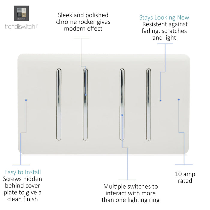 Trendi, Artistic Modern 4 Gang  (3x 2 Way 1x 3 Way Intermediate Twin Plate) Gloss White Finish, BRITISH MADE, (25mm Back Box Required), 5yrs Warranty • ART-SS2229WH