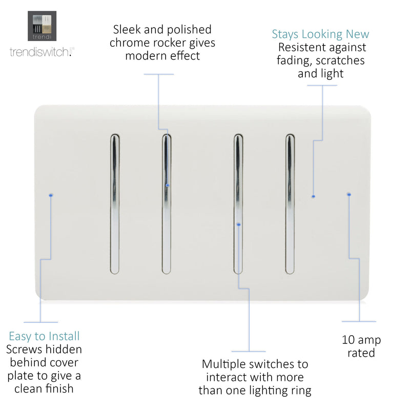 Trendi, Artistic Modern 4 Gang  (1x 2 Way 3x 3 Way Intermediate Twin Plate) Gloss White, BRITISH MADE, (25mm Back Box Required), 5yrs Warranty • ART-SS2999WH