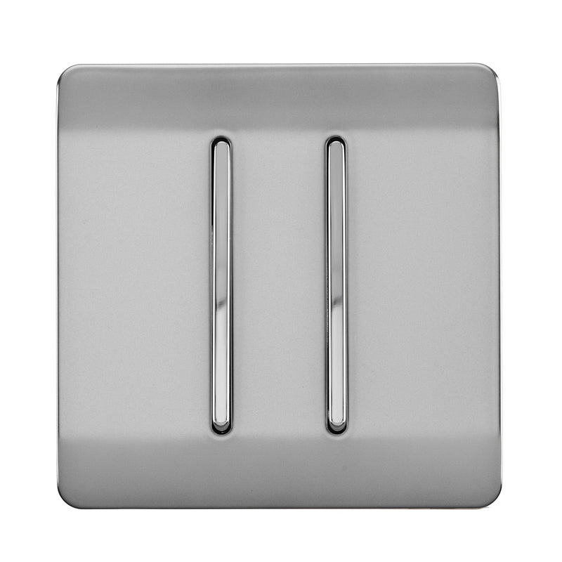 Trendi, Artistic Modern 2 Gang Intermediate 10 Amp Rocker Brushed Steel Finish, BRITISH MADE, (25mm Back Box Required), 5yrs Warranty • ART-SS99BS