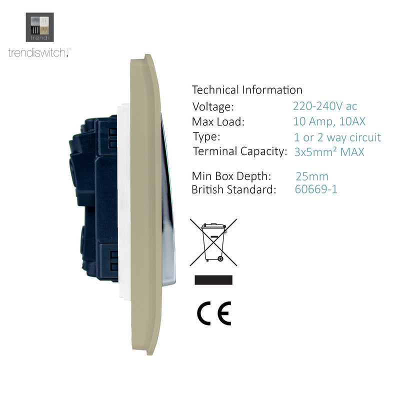 Trendi, Artistic Modern 2 Gang (1x2 Way, 1xIntermediate) 10 Amp Rocker Champagne Gold Finish, BRITISH MADE, (25mm Back Box Required), 5yrs Warranty • ART-SS29GO