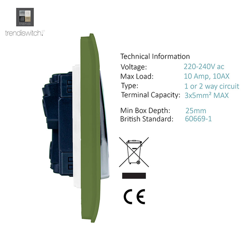 Trendi, Artistic Modern 2 Gang Intermediate 10 Amp Rocker Moss Green Finish, BRITISH MADE, (25mm Back Box Required), 5yrs Warranty • ART-SS99MG