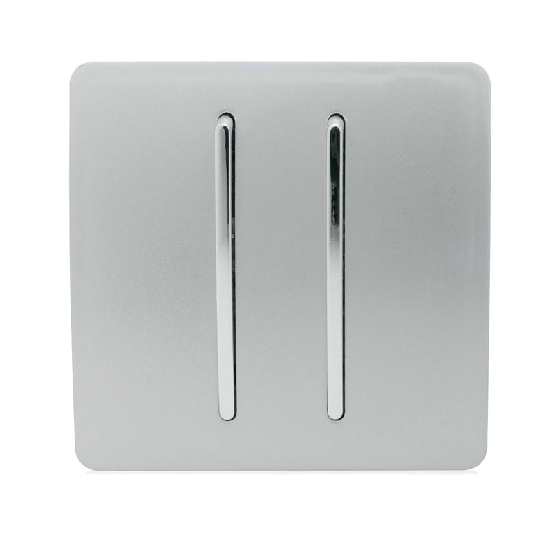 Trendi, Artistic Modern 2 Gang Intermediate 10 Amp Rocker Silver Finish, BRITISH MADE, (25mm Back Box Required), 5yrs Warranty • ART-SS99SI