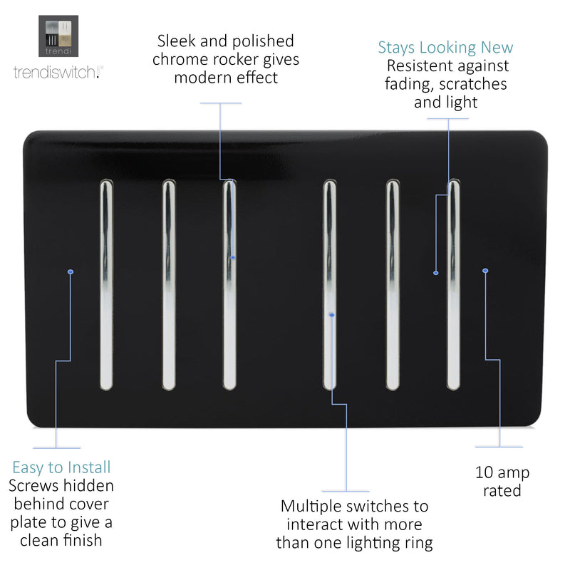 Trendi, Artistic Modern 6 Gang 2 Way 10 Amp Rocker Twin Plate Gloss Black Finish, BRITISH MADE, (35mm Back Box Required), 5yrs Warranty • ART-SS66BK