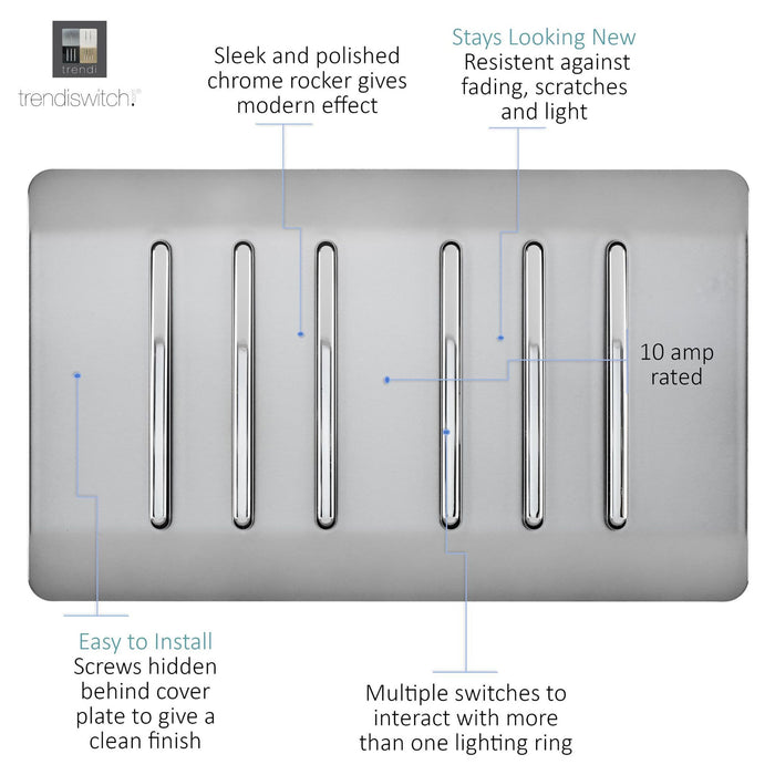 Trendi, Artistic Modern 6 Gang 2 Way 10 Amp Rocker Twin Plate Brushed Steel Finish, BRITISH MADE, (35mm Back Box Required), 5yrs Warranty • ART-SS66BS