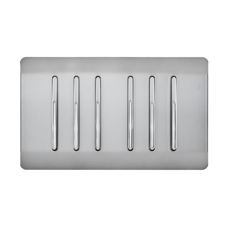 Trendi, Artistic Modern 6 Gang 2 Way 10 Amp Rocker Twin Plate Brushed Steel Finish, BRITISH MADE, (35mm Back Box Required), 5yrs Warranty • ART-SS66BS