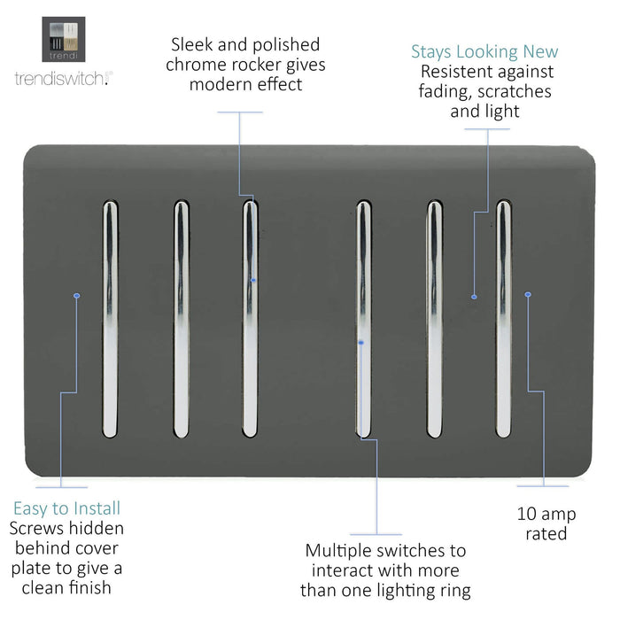 Trendi, Artistic Modern 6 Gang 2 Way 10 Amp Rocker Twin Plate Charcoal Finish, BRITISH MADE, (35mm Back Box Required), 5yrs Warranty • ART-SS66CH