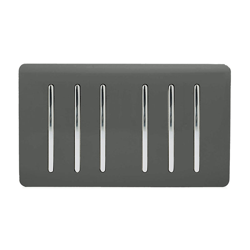 Trendi, Artistic Modern 6 Gang 2 Way 10 Amp Rocker Twin Plate Charcoal Finish, BRITISH MADE, (35mm Back Box Required), 5yrs Warranty • ART-SS66CH
