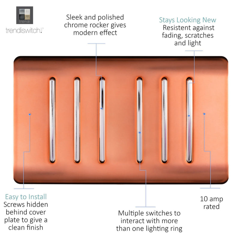 Trendi, Artistic Modern 6 Gang 2 Way 10 Amp Rocker Twin Plate Copper Finish, BRITISH MADE, (35mm Back Box Required), 5yrs Warranty • ART-SS66CPR