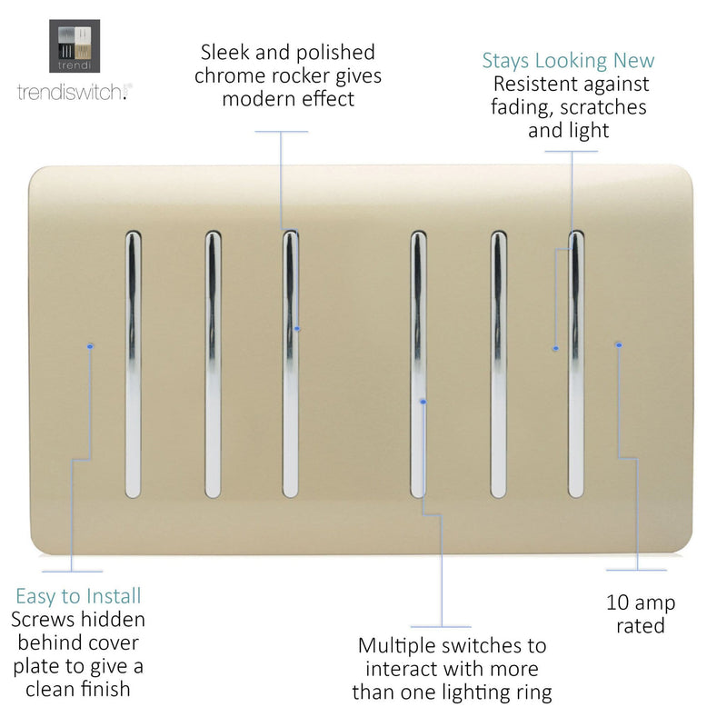 Trendi, Artistic Modern 6 Gang 2 Way 10 Amp Rocker Twin Plate Champagne Gold Finish, BRITISH MADE, (35mm Back Box Required), 5yrs Warranty • ART-SS66GO