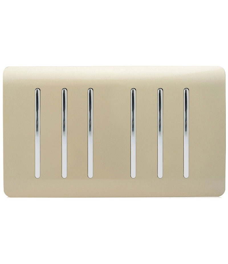 Trendi, Artistic Modern 6 Gang 2 Way 10 Amp Rocker Twin Plate Champagne Gold Finish, BRITISH MADE, (35mm Back Box Required), 5yrs Warranty • ART-SS66GO