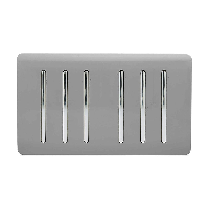 Trendi, Artistic Modern 6 Gang 2 Way 10 Amp Rocker Twin Plate Light Grey Finish, BRITISH MADE, (35mm Back Box Required), 5yrs Warranty • ART-SS66LG
