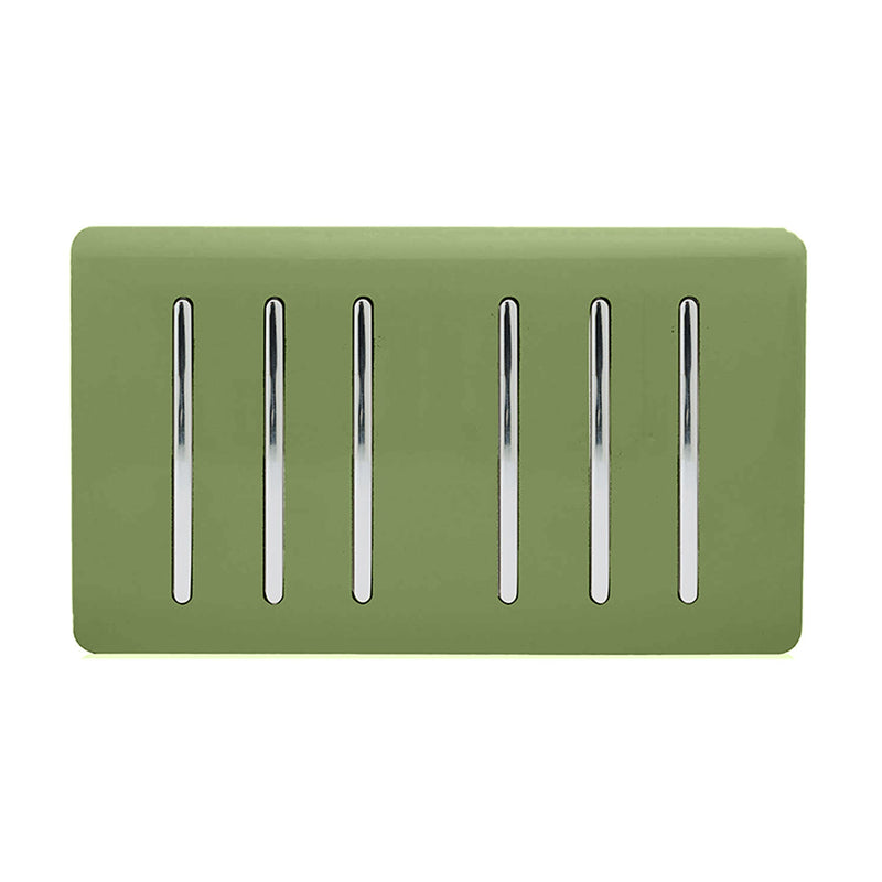 Trendi, Artistic Modern 6 Gang 2 Way 10 Amp Rocker Twin Plate Moss Green Finish, BRITISH MADE, (35mm Back Box Required), 5yrs Warranty • ART-SS66MG