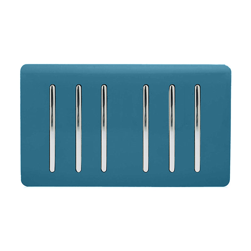 Trendi, Artistic Modern 6 Gang 2 Way 10 Amp Rocker Twin Plate Ocean Blue Finish, BRITISH MADE, (35mm Back Box Required), 5yrs Warranty • ART-SS66OB