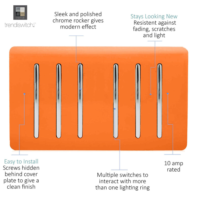 Trendi, Artistic Modern 6 Gang 2 Way 10 Amp Rocker Twin Plate Orange Finish, BRITISH MADE, (35mm Back Box Required), 5yrs Warranty • ART-SS66OR