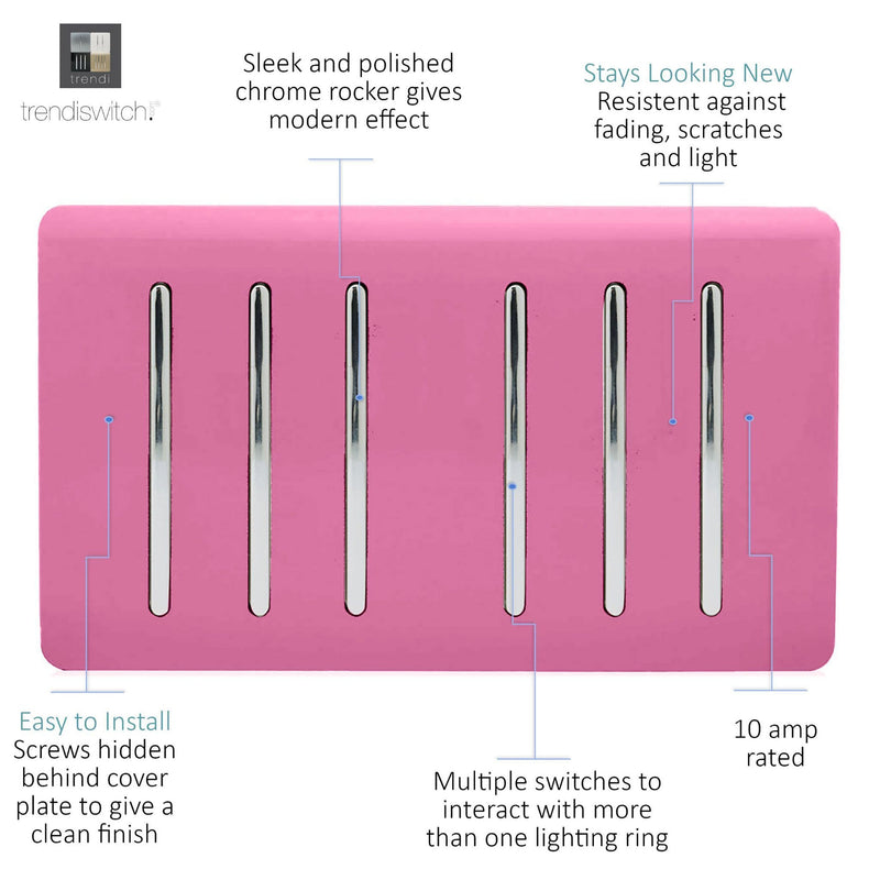 Trendi, Artistic Modern 6 Gang 2 Way 10 Amp Rocker Twin Plate Pink Finish, BRITISH MADE, (35mm Back Box Required), 5yrs Warranty • ART-SS66PK