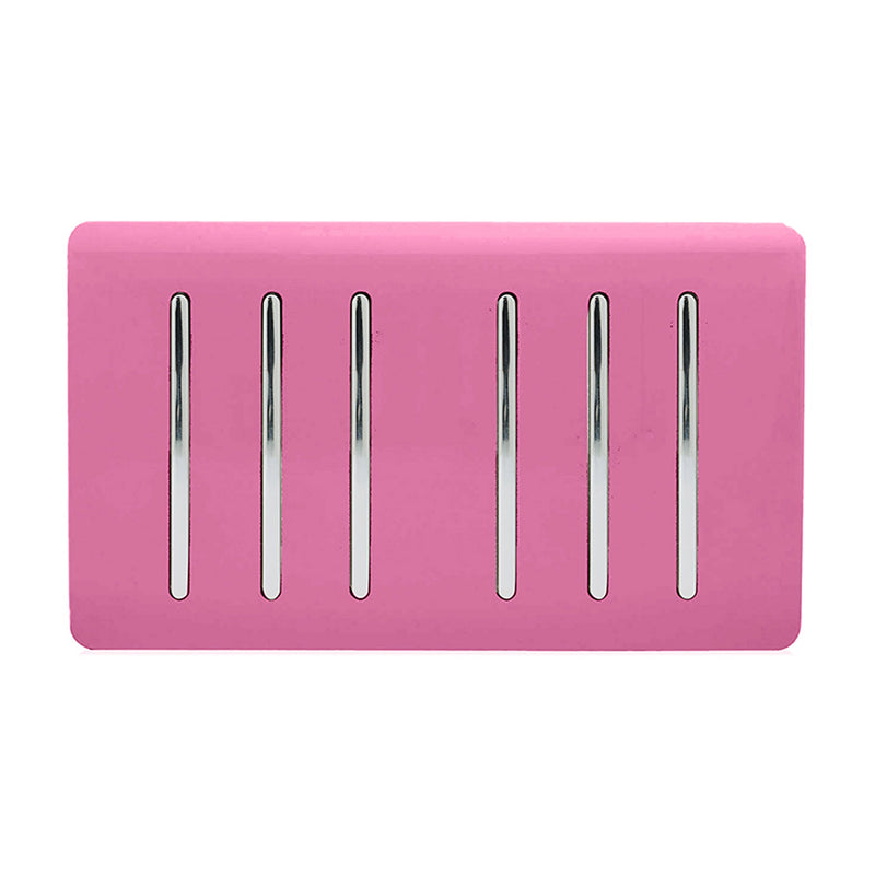 Trendi, Artistic Modern 6 Gang 2 Way 10 Amp Rocker Twin Plate Pink Finish, BRITISH MADE, (35mm Back Box Required), 5yrs Warranty • ART-SS66PK