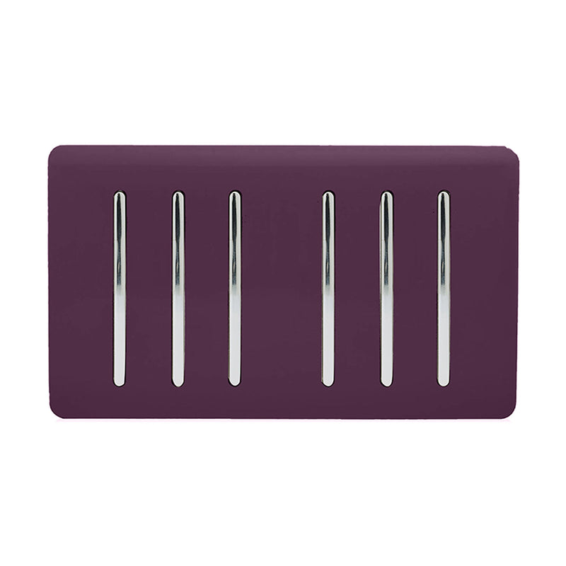 Trendi, Artistic Modern 6 Gang 2 Way 10 Amp Rocker Twin Plate Plum Finish, BRITISH MADE, (35mm Back Box Required), 5yrs Warranty • ART-SS66PL