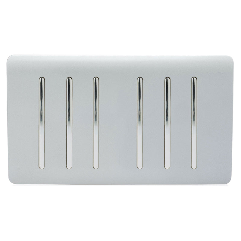 Trendi, Artistic Modern 6 Gang 2 Way 10 Amp Rocker Twin Plate Silver Finish, BRITISH MADE, (35mm Back Box Required), 5yrs Warranty • ART-SS66SI