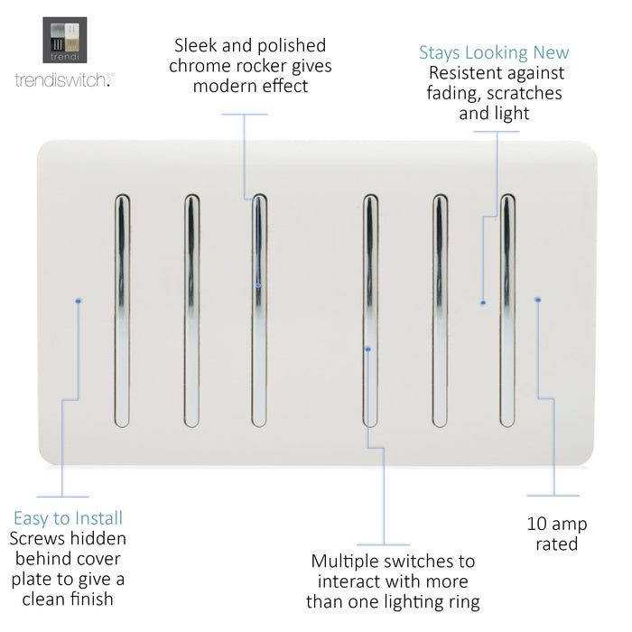 Trendi, Artistic Modern 6 Gang 2 Way 10 Amp Rocker Twin Plate Gloss White Finish, BRITISH MADE, (35mm Back Box Required), 5yrs Warranty • ART-SS66WH