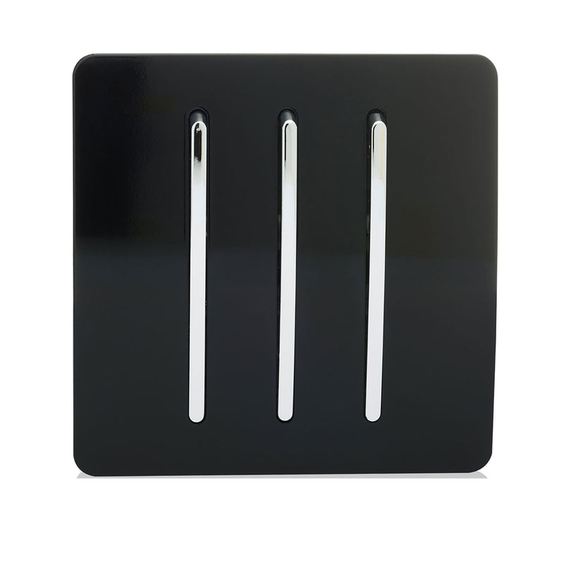 Trendi, Artistic Modern 3 Gang 2 Way 10 Amp Rocker Gloss Black Finish, BRITISH MADE, (25mm Back Box Required), 5yrs Warranty • ART-SS6BK