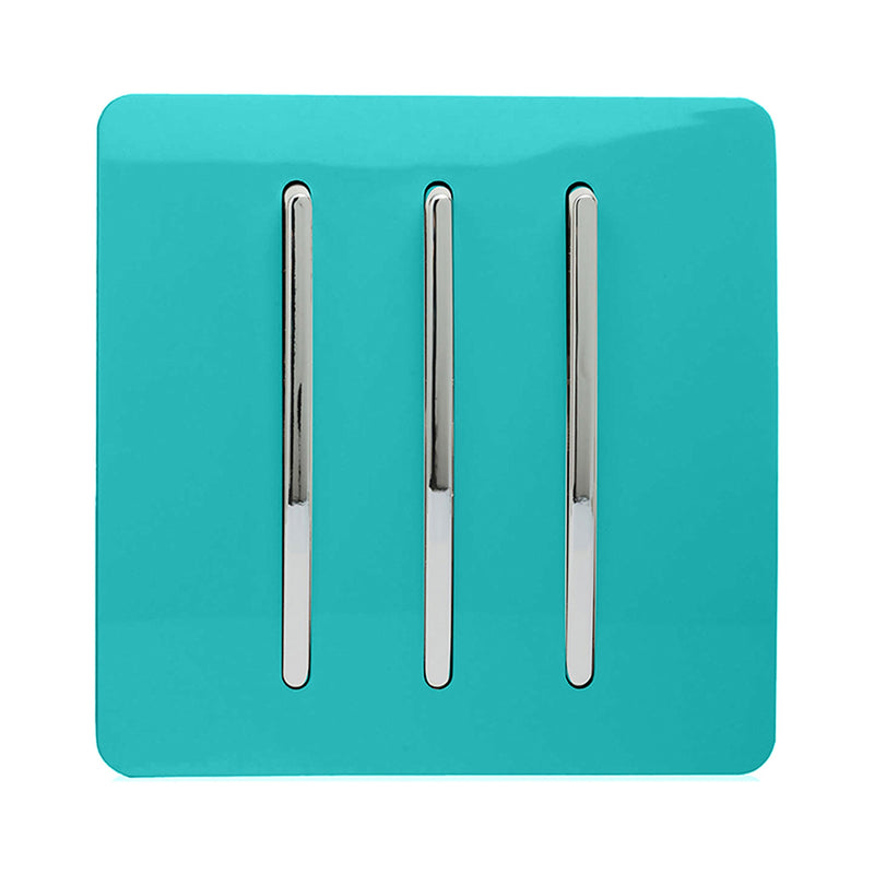 Trendi, Artistic Modern 3 Gang 2 Way 10 Amp Rocker Bright Teal Finish, BRITISH MADE, (25mm Back Box Required), 5yrs Warranty • ART-SS6BT