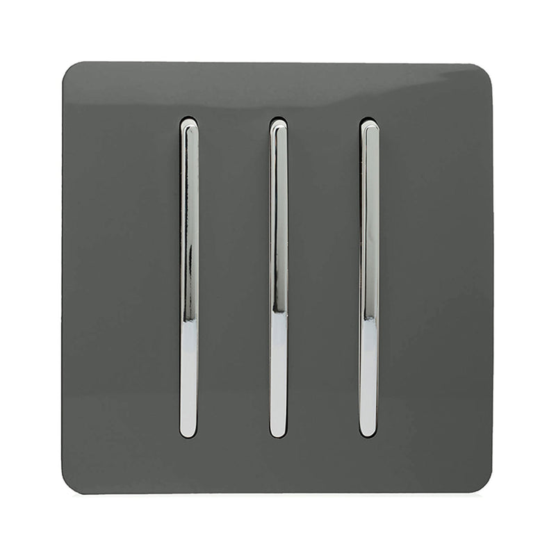 Trendi, Artistic Modern 3 Gang 2 Way 10 Amp Rocker Charcoal Finish, BRITISH MADE, (25mm Back Box Required), 5yrs Warranty • ART-SS6CH