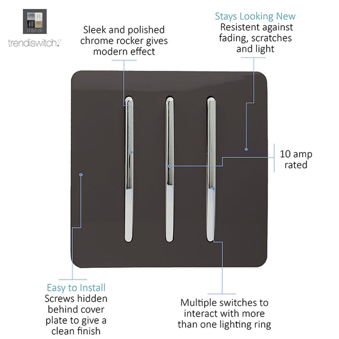 Trendi, Artistic Modern 3 Gang 2 Way 10 Amp Rocker Dark Brown Finish, BRITISH MADE, (25mm Back Box Required), 5yrs Warranty • ART-SS6DB