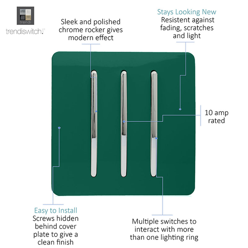 Trendi, Artistic Modern 3 Gang 2 Way 10 Amp Rocker Dark Green Finish, BRITISH MADE, (25mm Back Box Required), 5yrs Warranty • ART-SS6DG