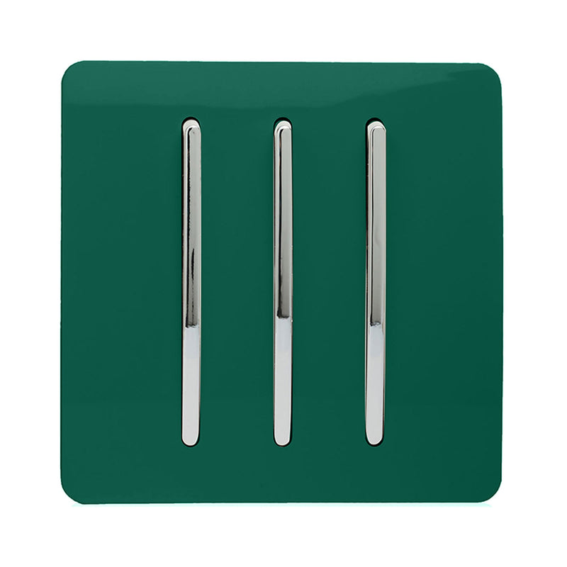 Trendi, Artistic Modern 3 Gang 2 Way 10 Amp Rocker Dark Green Finish, BRITISH MADE, (25mm Back Box Required), 5yrs Warranty • ART-SS6DG