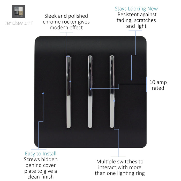 Trendi, Artistic Modern 3 Gang 2 Way 10 Amp Rocker Matt Black Finish, BRITISH MADE, (25mm Back Box Required), 5yrs Warranty • ART-SS6MBK
