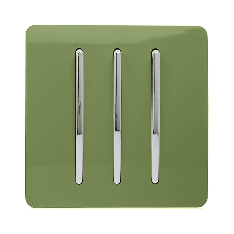 Trendi, Artistic Modern 3 Gang 2 Way 10 Amp Rocker Moss Green Finish, BRITISH MADE, (25mm Back Box Required), 5yrs Warranty • ART-SS6MG